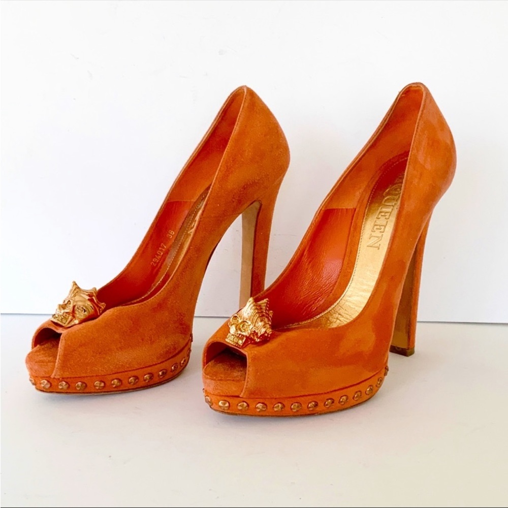 Alexander McQueen orange suede platform pumps
